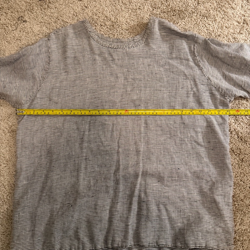 FLAX by Angelheart M Blue Taupe White Striped 100% Linen Short Sleeve T-Shirt - Picture 5 of 10